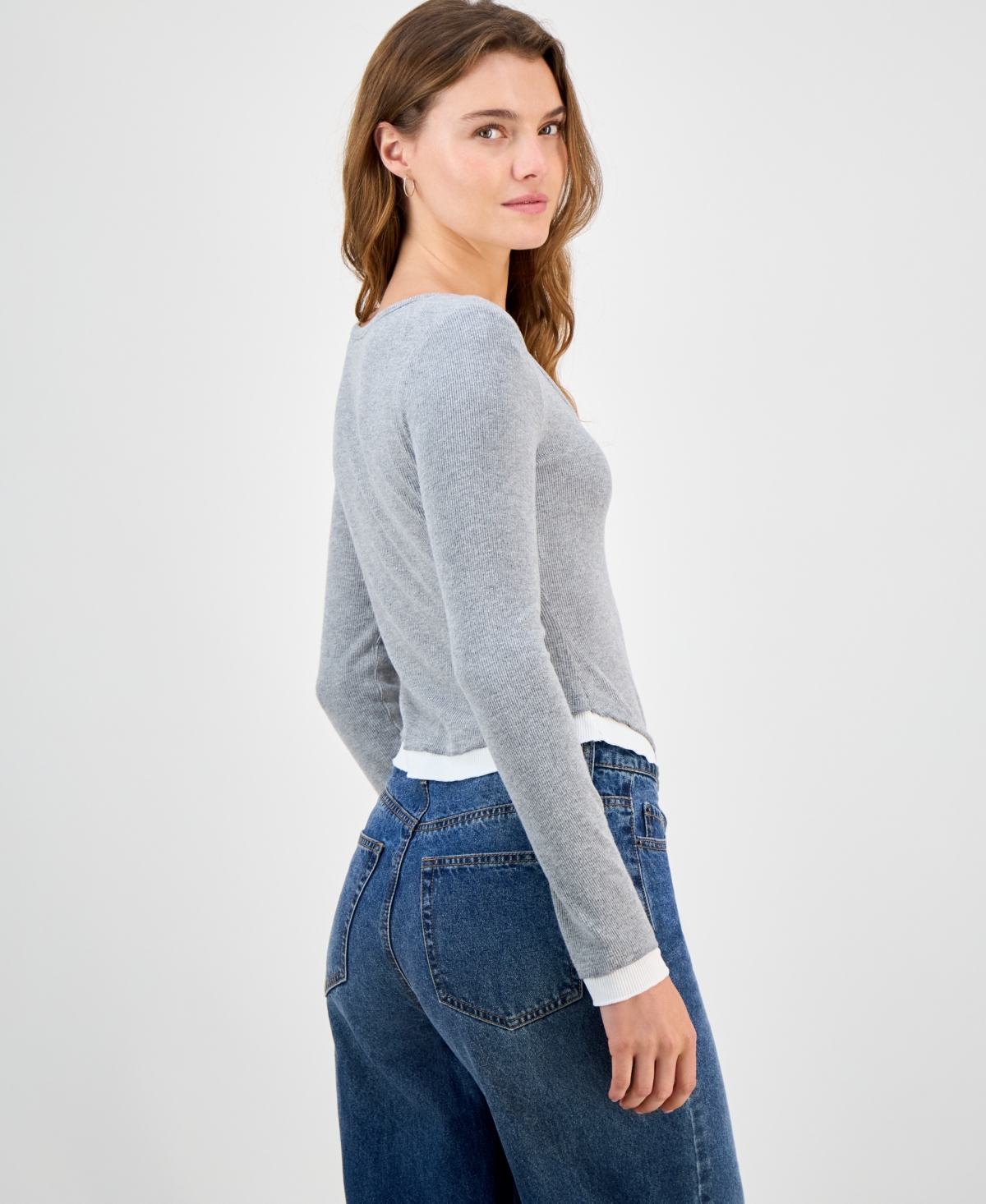 Self Esteem Juniors' Ribbed Layered-look Long-sleeve With Bow In Gray