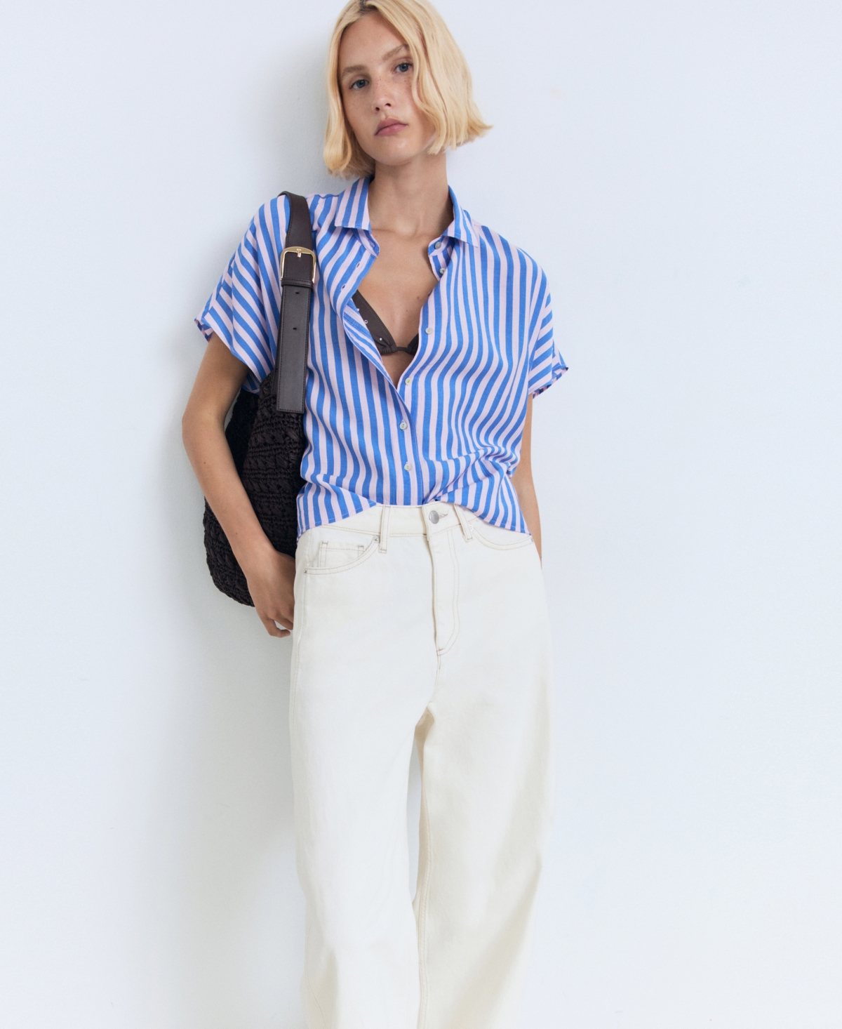 Mango Stripe Short Sleeve Button-up Shirt In Blue