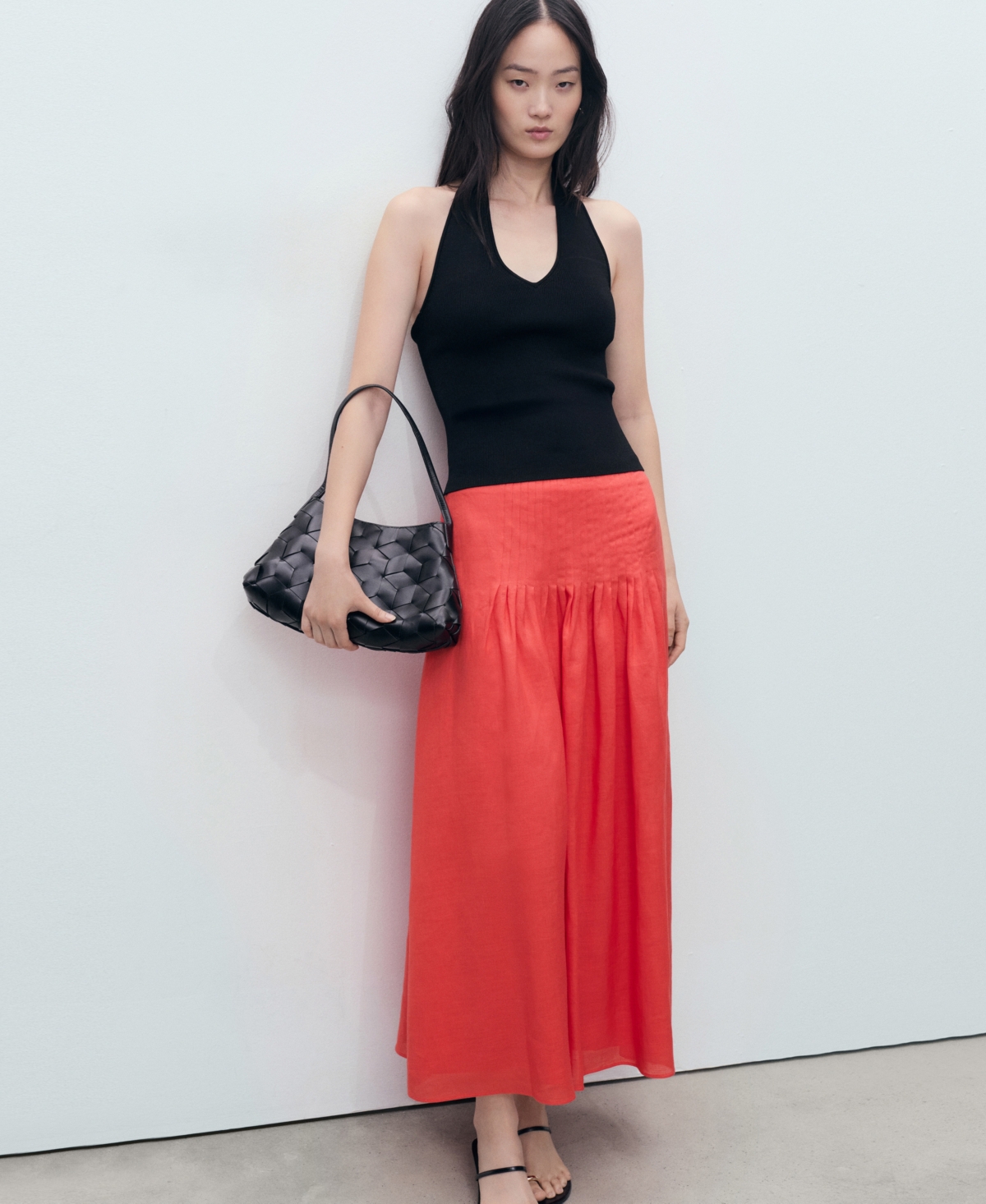 Mango Pleated Ramie Midi Skirt In Red