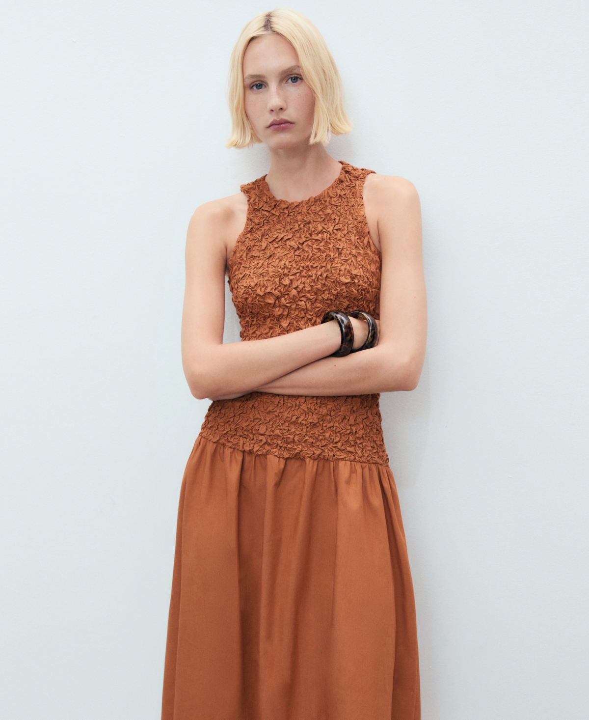 Mango Textured Bodice Open Back Sundress In Brown