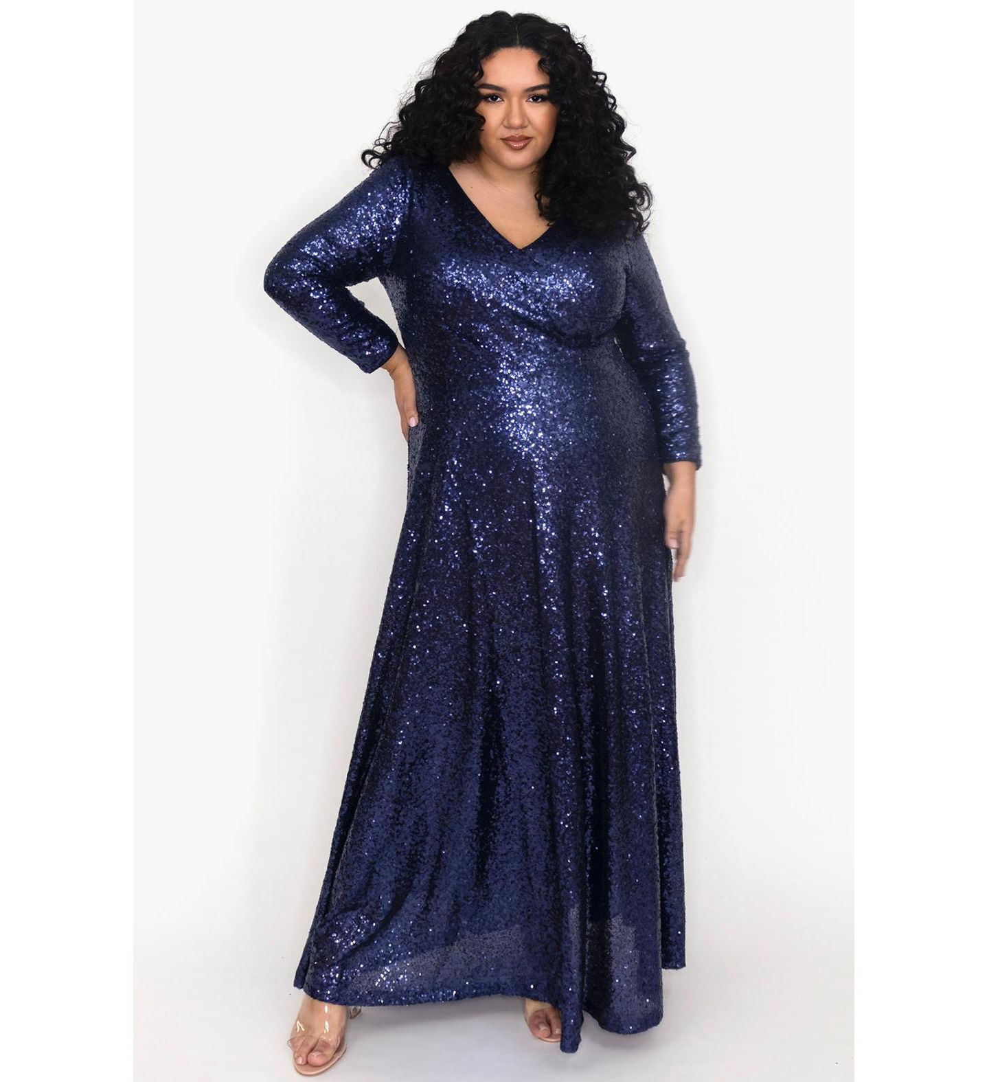 Женское платье Celebrations by Sydney's Closet Long Sleeve Sequin Formal, цвет: Тёмно-синий — фото 1