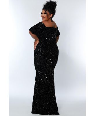 Women's Velvet Sequin Short Sleeve Plus Size Evening Gown