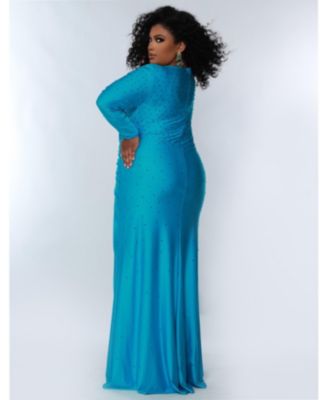 Women's Fitted Long Sleeve V-Neck Ruched Plus Size Gown