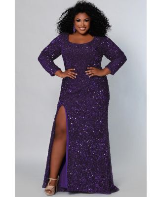 Women's Long Sleeve Fitted Scoop Neck Sequin Plus Size Gown