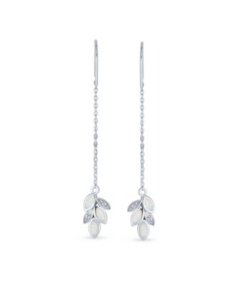 Leaf Feather White Iridescent Created Opal Inlay Long Chain Dangle Threader Earrings Sterling Silver