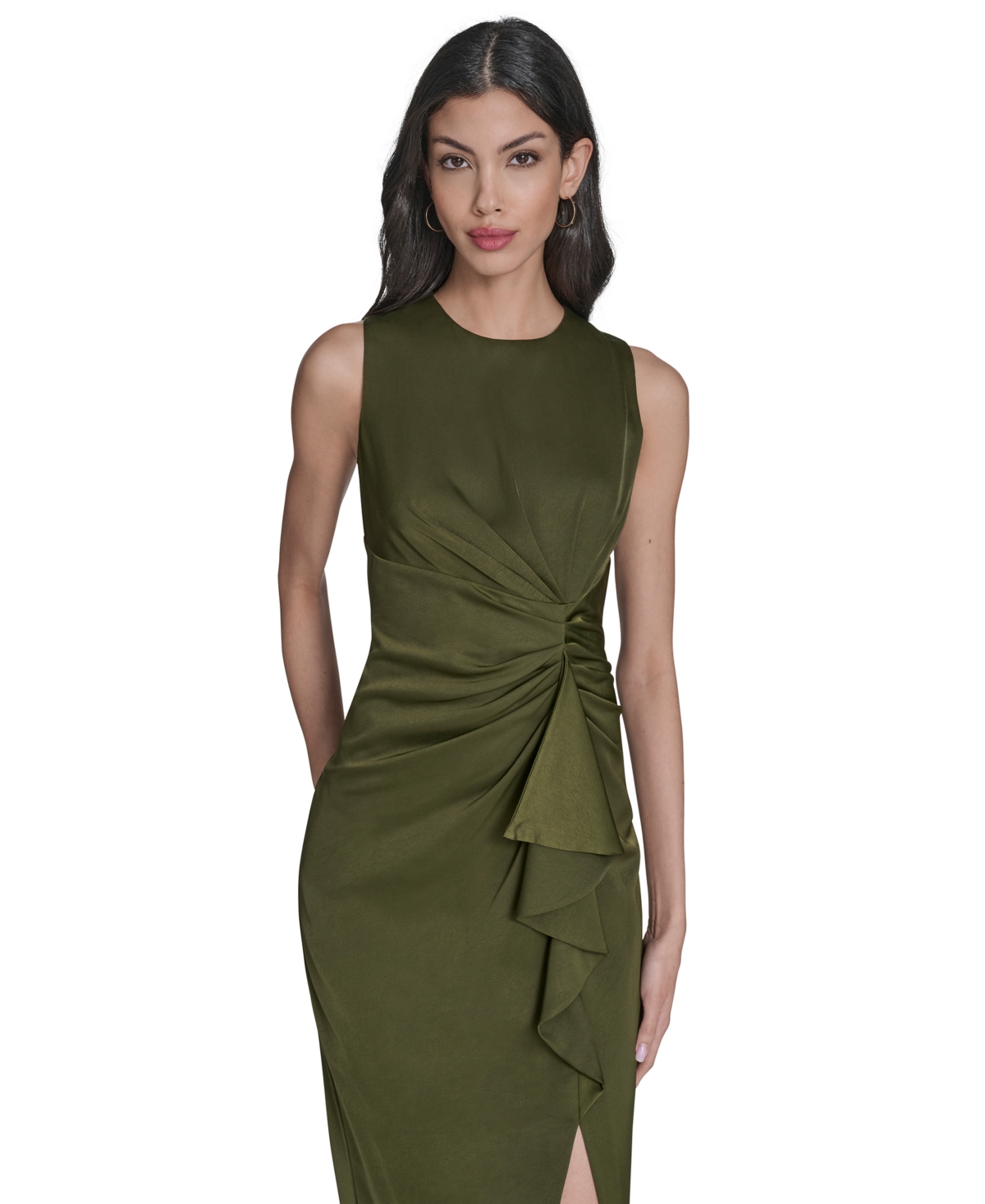 Vince Camuto Petite Satin Sleeveless Draped Midi Dress In Green
