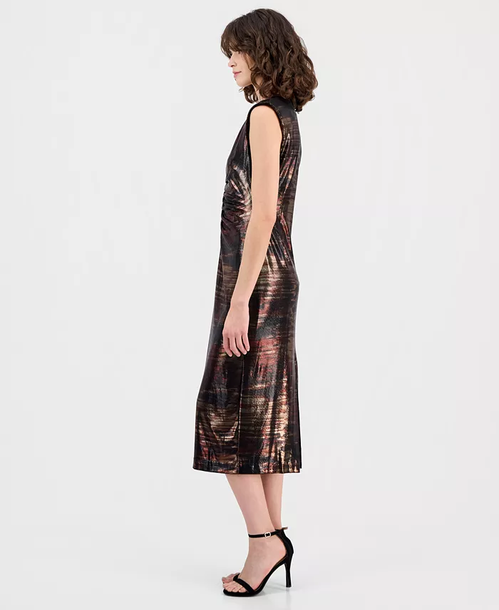 Women's Printed Metallic Sleeveless Midi Dress - thumbnail 3