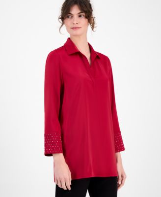 Anne Klein - Women's Satin-Collar Studded-Cuff Top