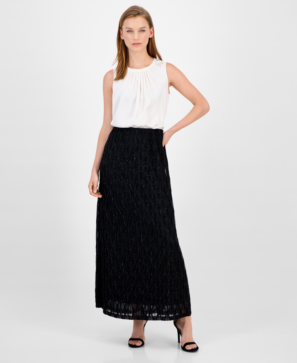 Anne Klein Women's Glitter Flared Maxi Skirt In Black