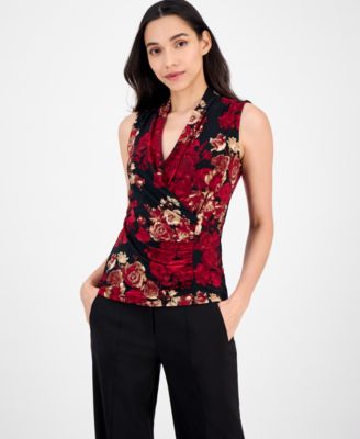 Anne Klein - Women's Printed Surplice-Neck Shirred Top