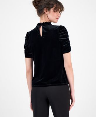 Women's Velour Ruffle-Neck Short-Sleeve Top