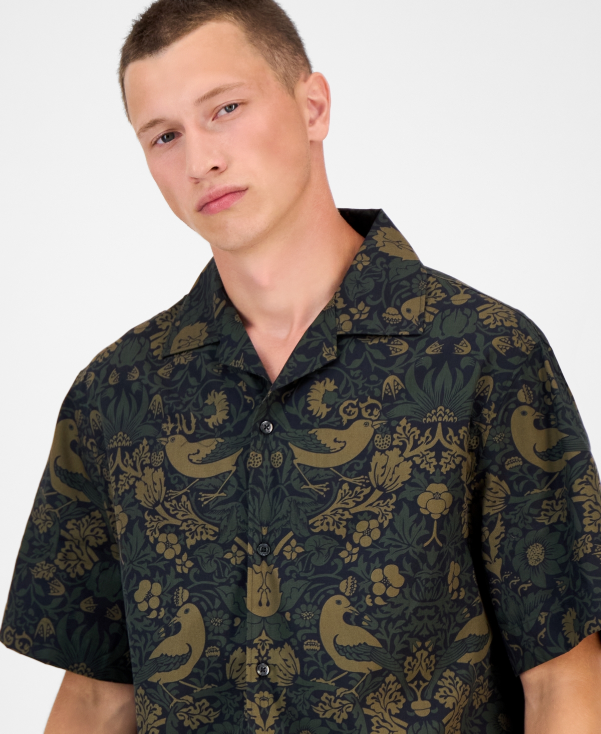 Hugo Boss Men's Espino Oversized Short Sleeve Bird Print Button-front Camp Shirt In Green