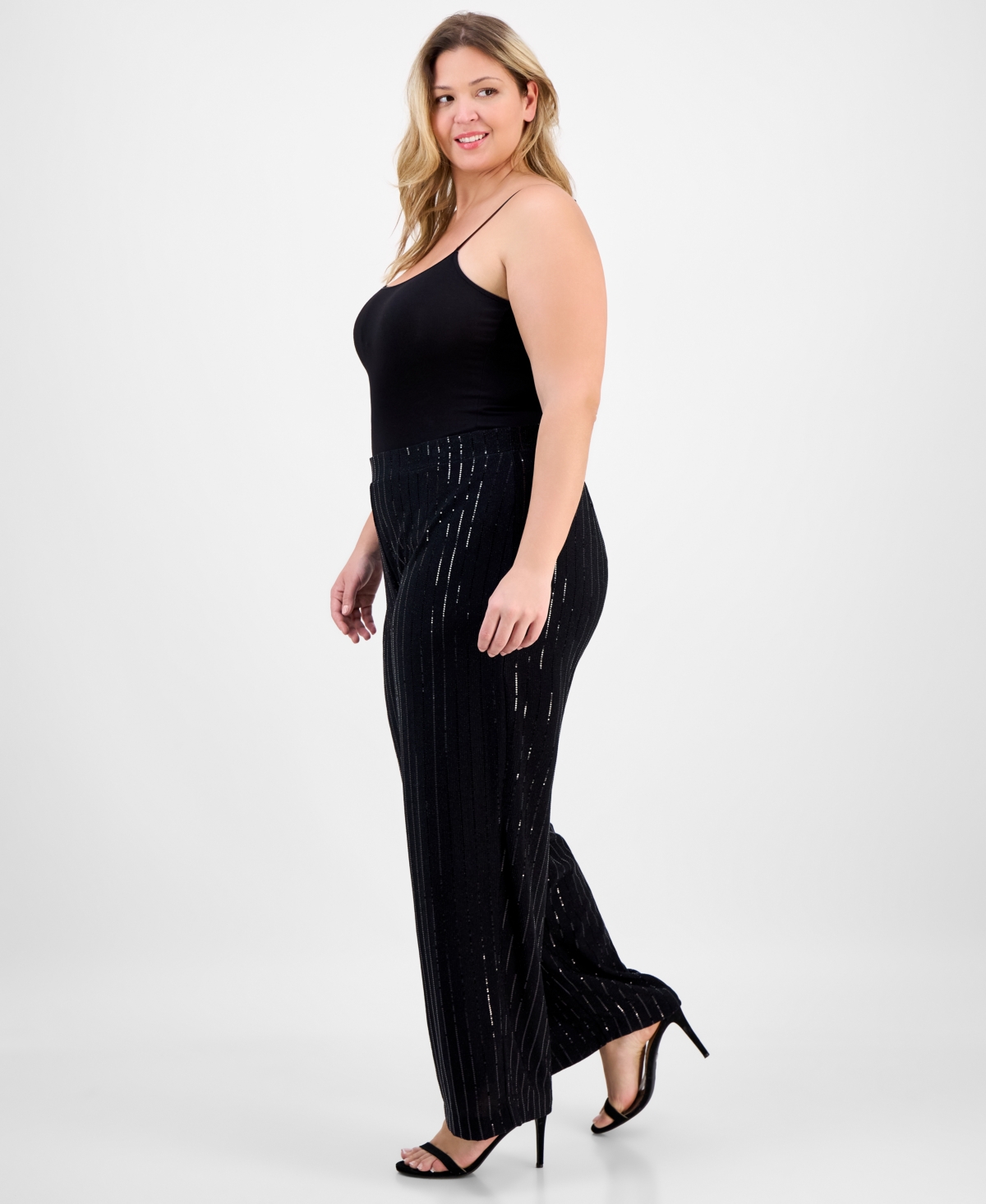 Anne Klein Plus Size Sequin Pinstripe High-rise Wide-leg Pants In Black