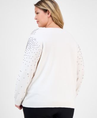 Plus Size Rhinestone Boat-Neck Long-Sleeve Sweater