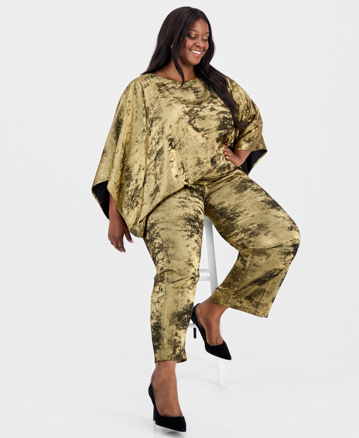 Anne Klein Plus Metallic High-Rise Pull-On Pants