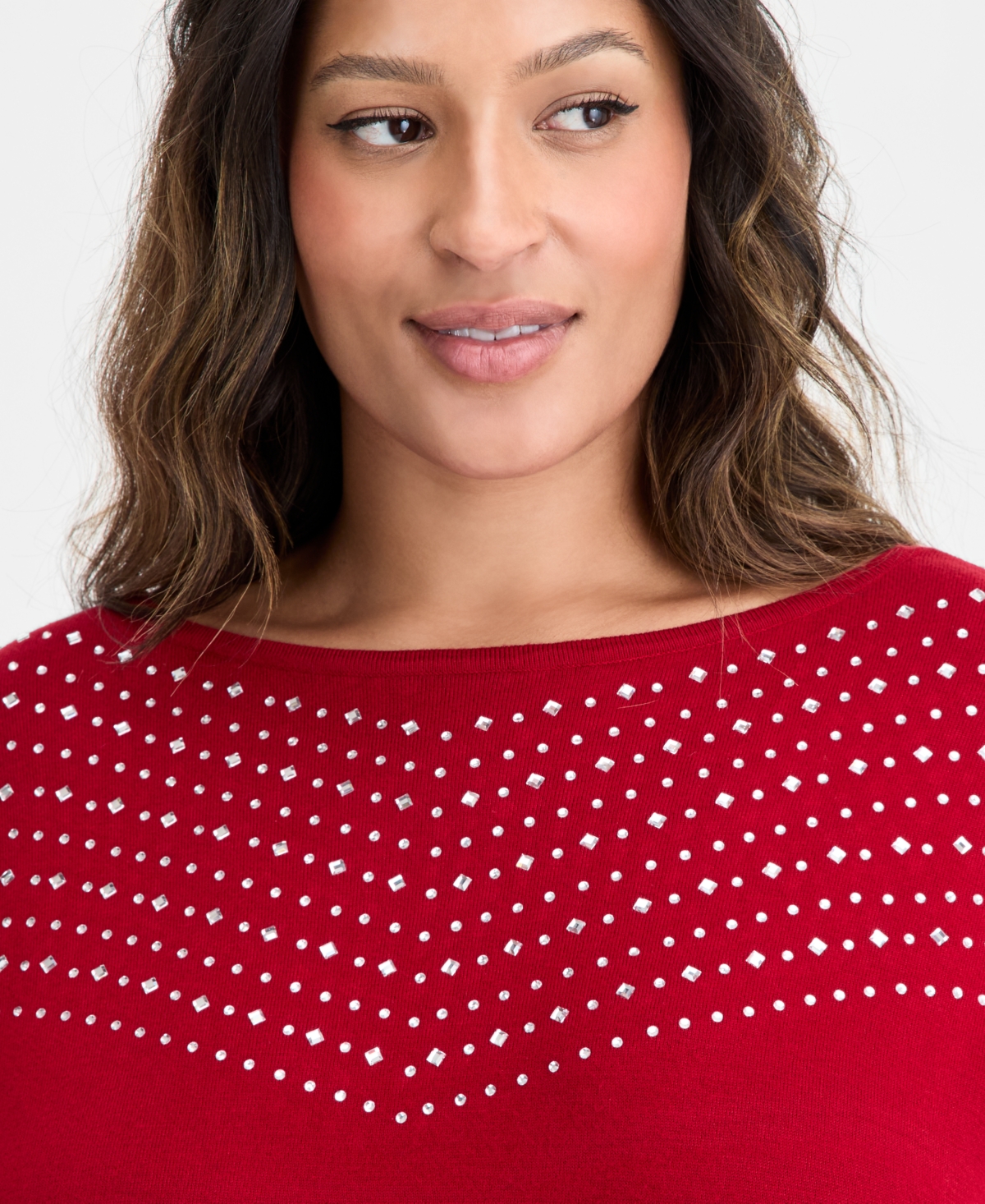 Ak Anne Klein Plus Embellished Boat-Neck Sweater