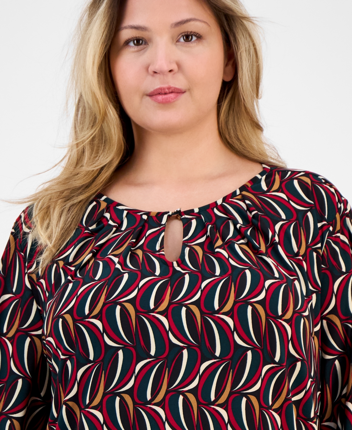 Ak Anne Klein Plus Size Printed 3/4-sleeve Keyhole Blouse In Brown