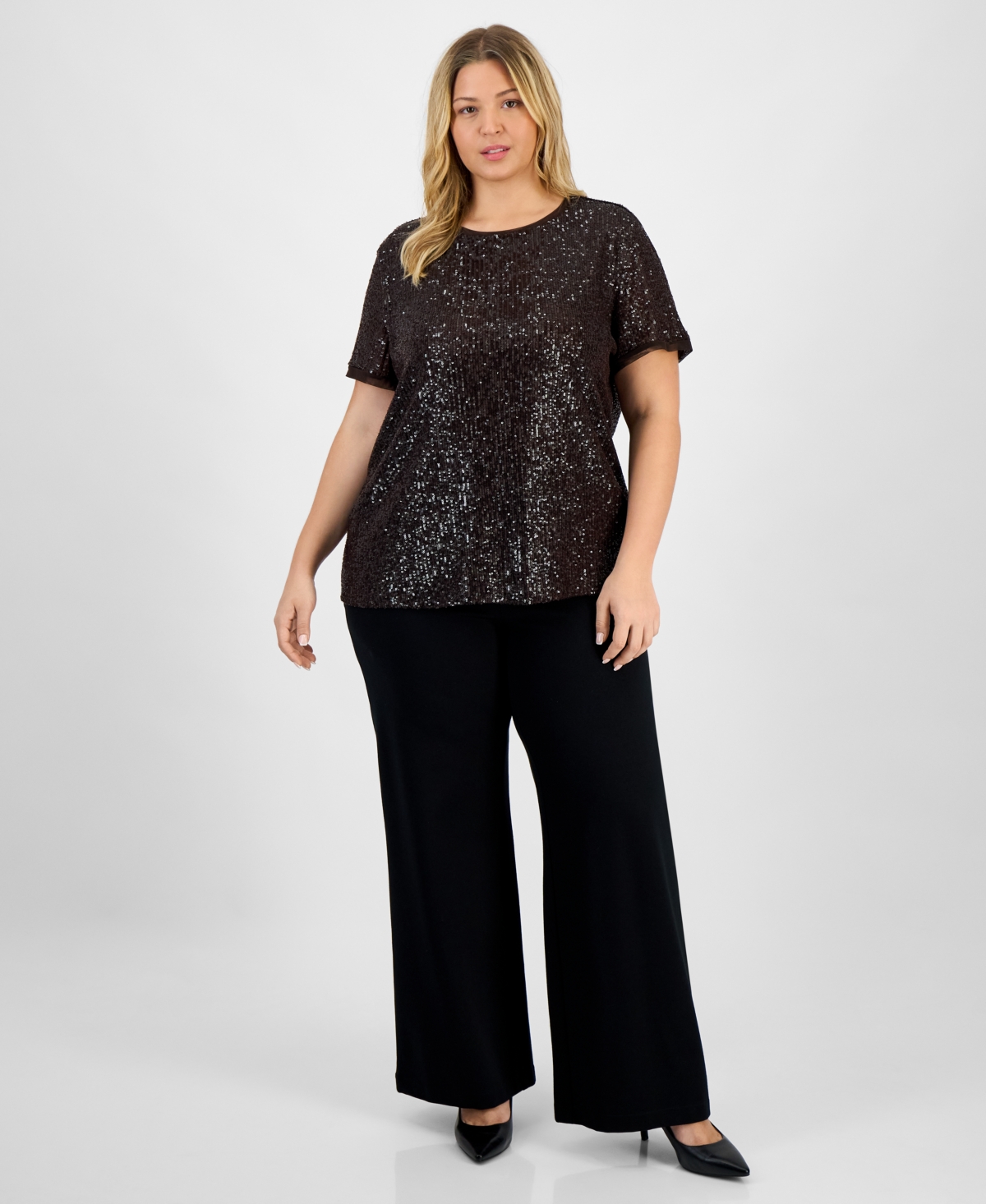Anne Klein Plus Sequin Short-Sleeve Crewneck Tee