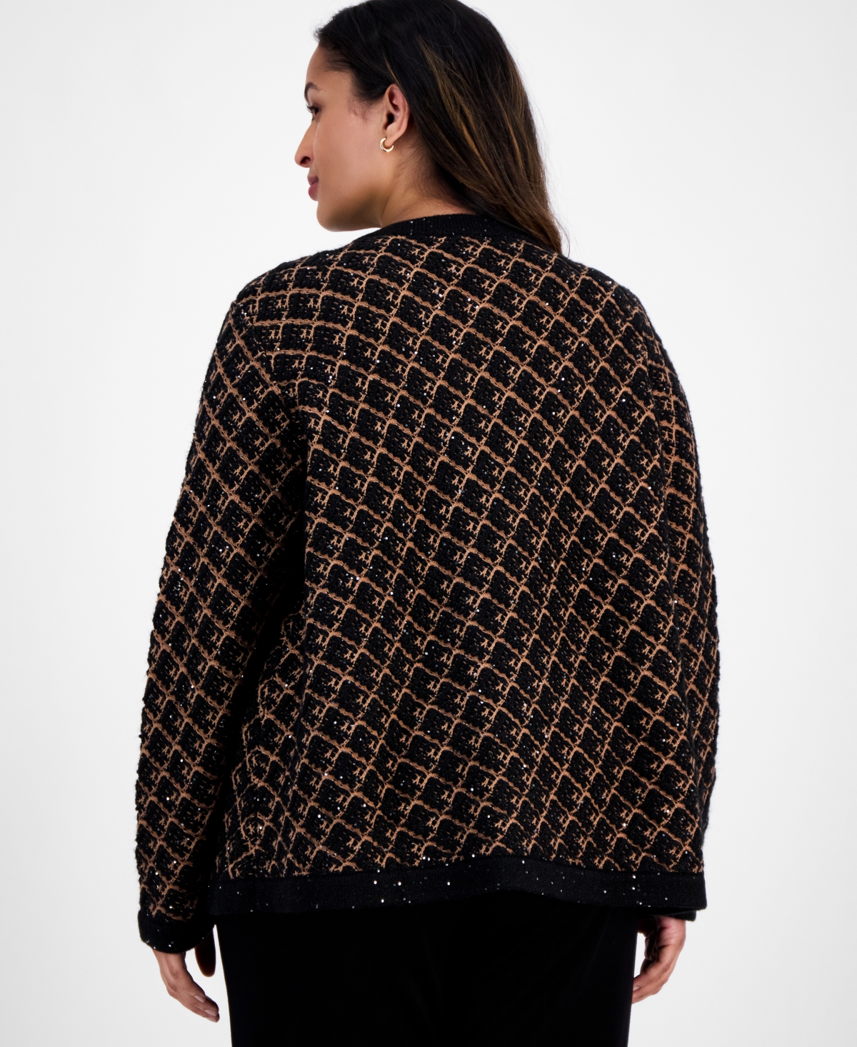 Anne Klein Plus Size Plaid-print Long-sleeve Sequin Cardigan In Animal Print