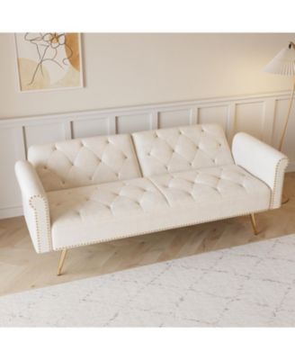 Beige Velvet Sofa Bed with Nailhead Trim & Throw Pillow