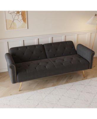 Black Velvet Sofa Bed with Nailhead Trim & Pillow