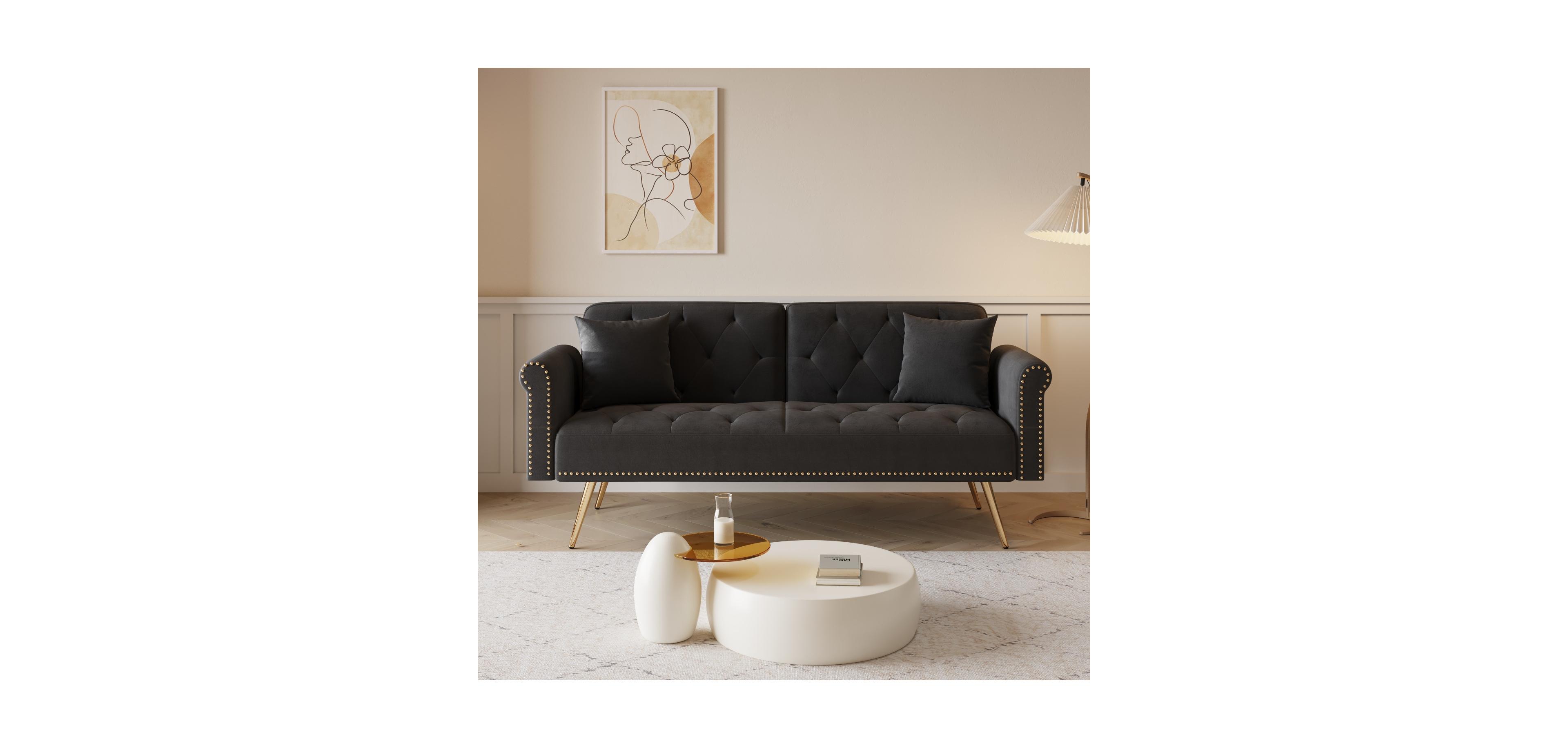 Streamdale Furniture Black Velvet Sofa Bed with Nailhead Trim & Pillow