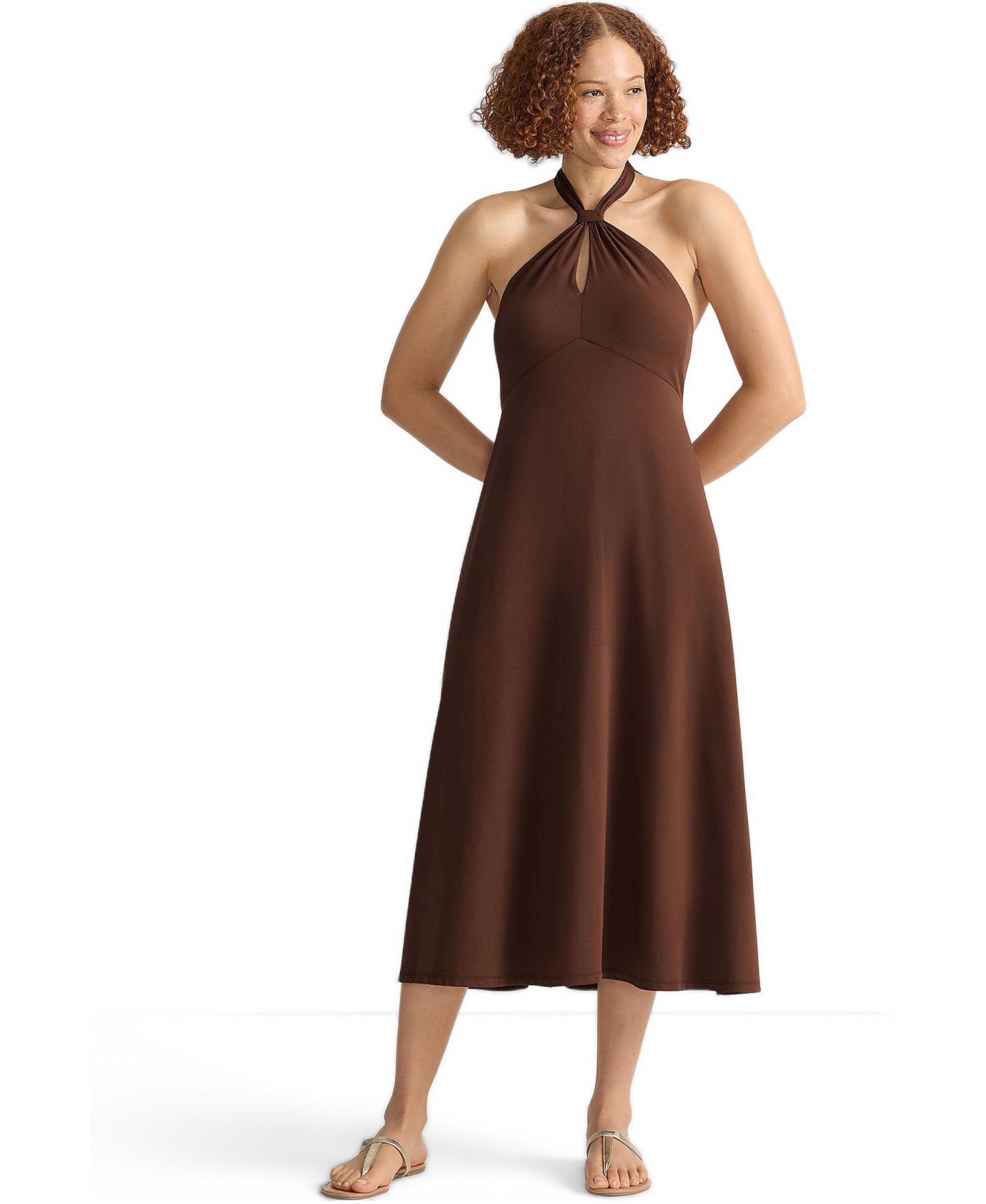 Женское платье Lands' End Cotton Modal Halter Midi, цвет: Коричневый — фото 1