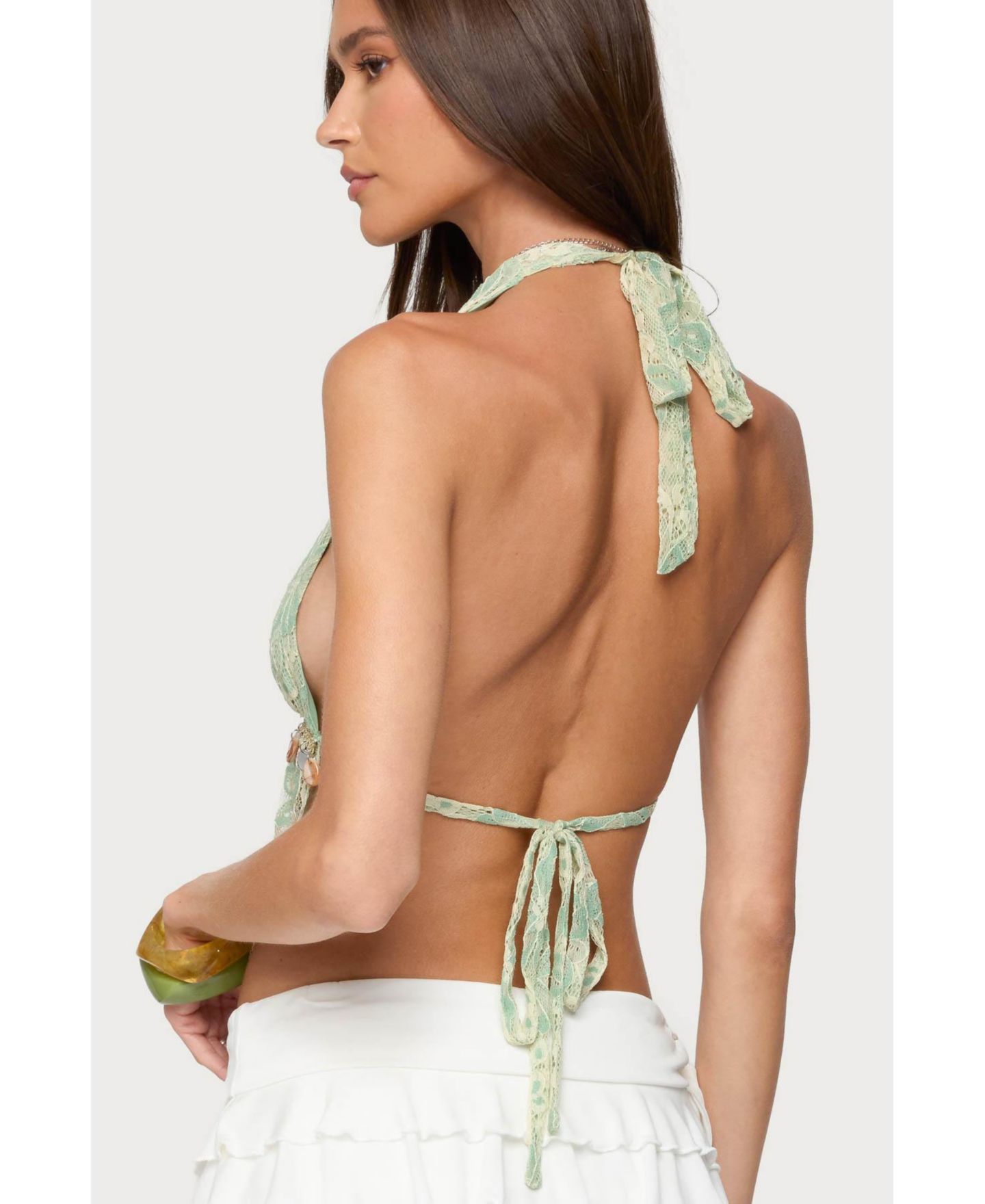Женский топ Edikted Lace Split Front Backless, цвет: Зелёный — фото 3
