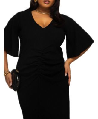 Women's Ruched Flutter Sleeve Midi Dress