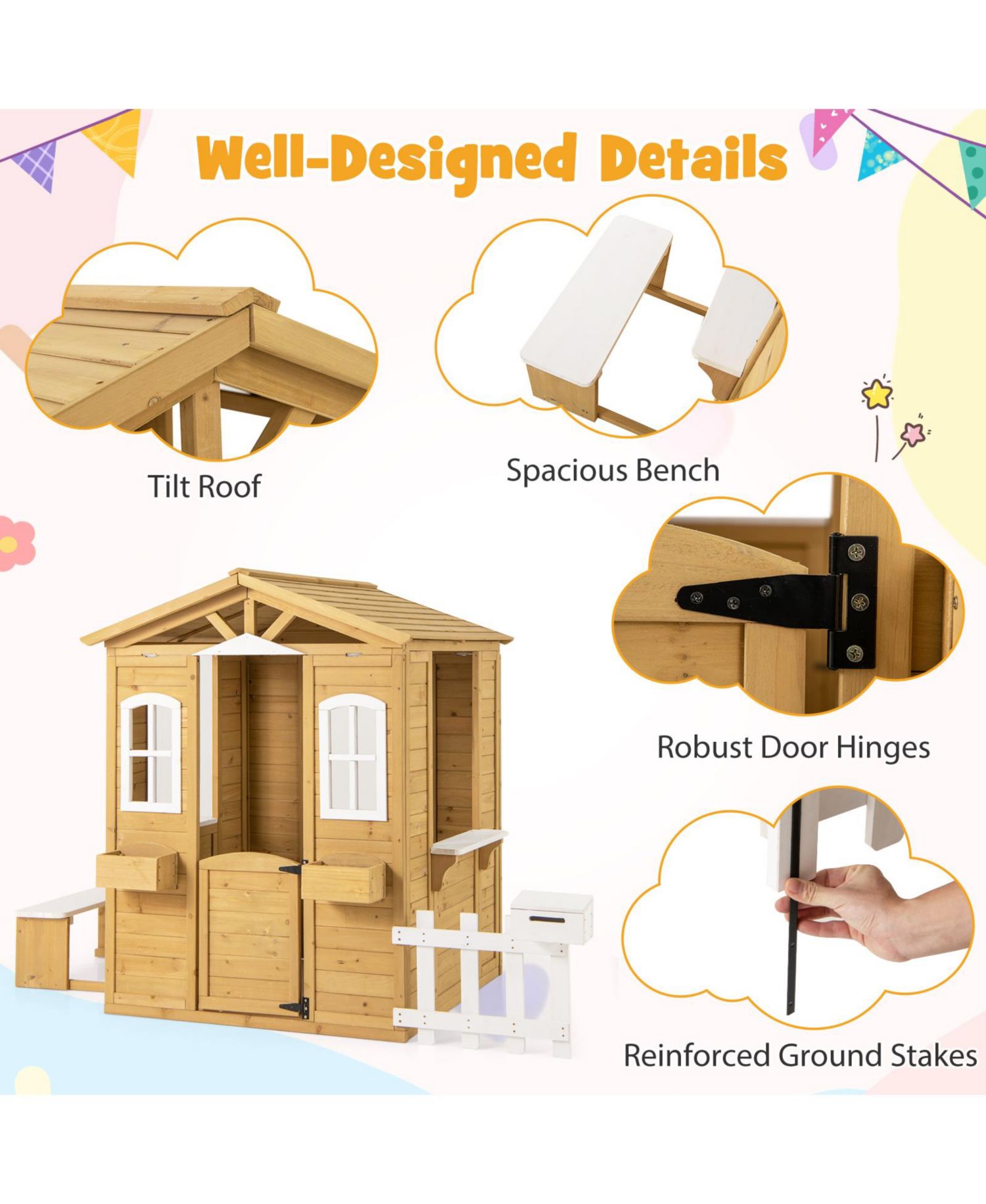 Wood Playhouse for Kids Outdoor Adventures Cottage w/ Bench Play Game Center