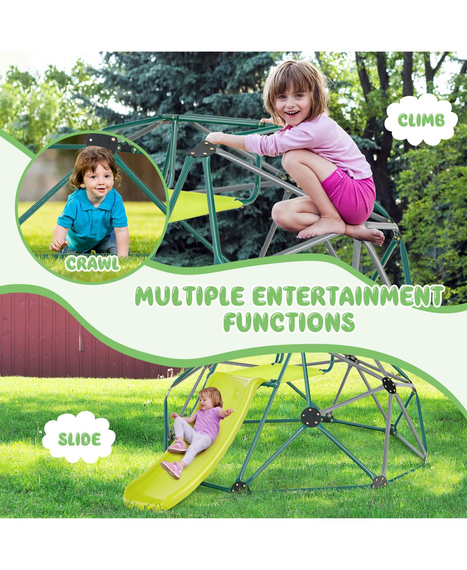8FT Climbing Dome w/ Slide Outdoor Kids Jungle Gym Dome Climber Green and Gray