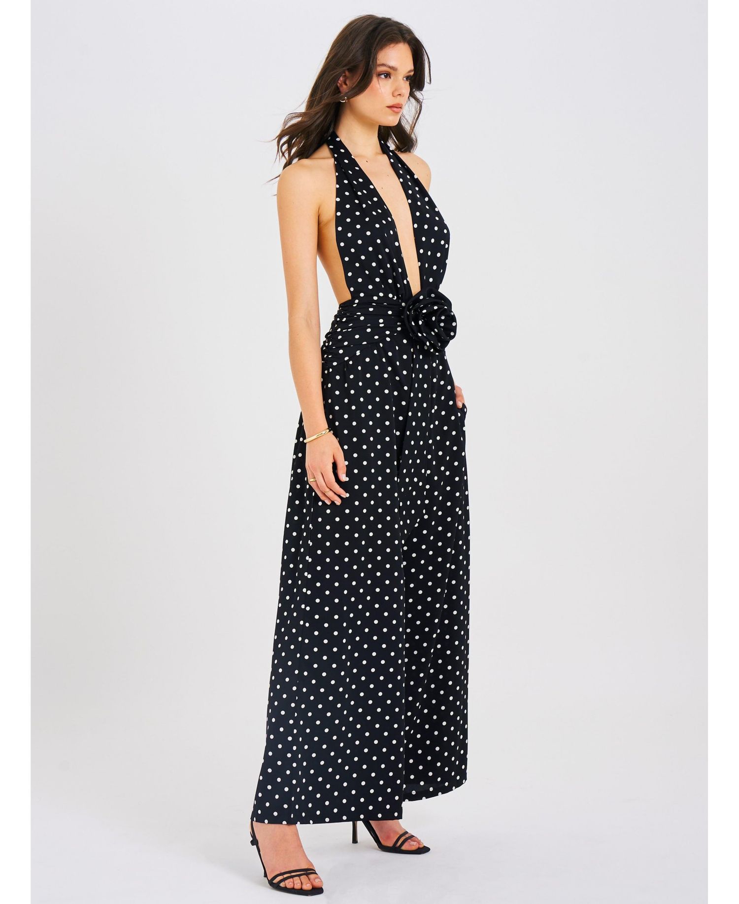 Women Oriana Black Polka Dots Halter Jumpsuit