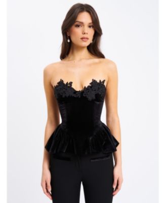 Women's Qiara Black Velvet Peplum Top with Lace Trim