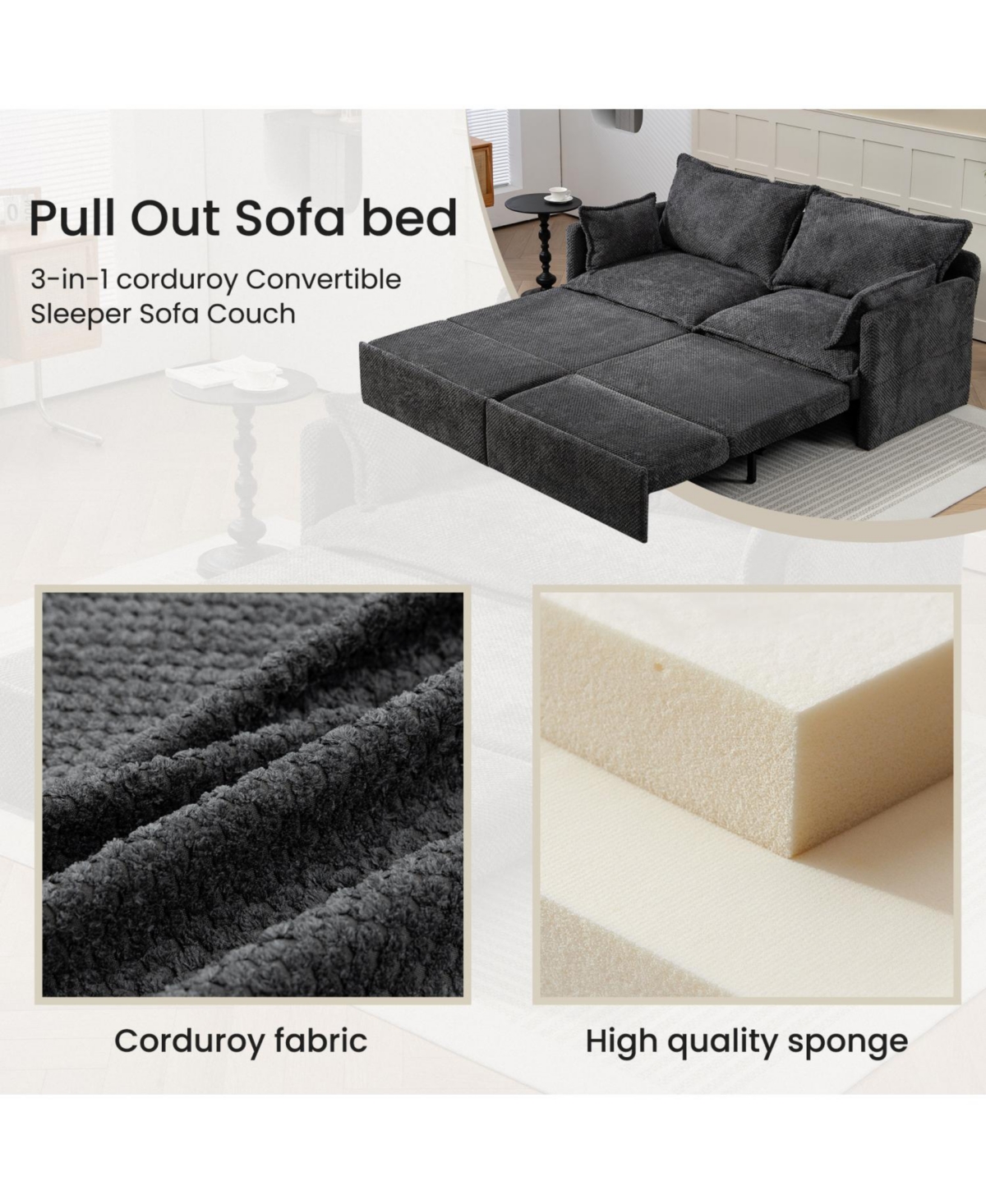Streamdale Furniture Pull-Out Corduroy Sleeper Sofa Bed w/ Storage & Usb