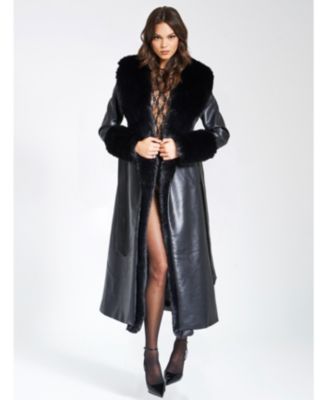 Women Zaida Black Faux Fur Trim Black Faux Leather Coat