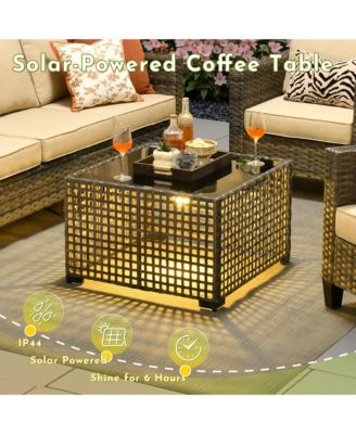 4 Pieces Outdoor Patio Furniture Set,Outside Conversation Set with All-Weather Wicker Sofa,Deep Seating Cushions and Solar Powered Coffee Table