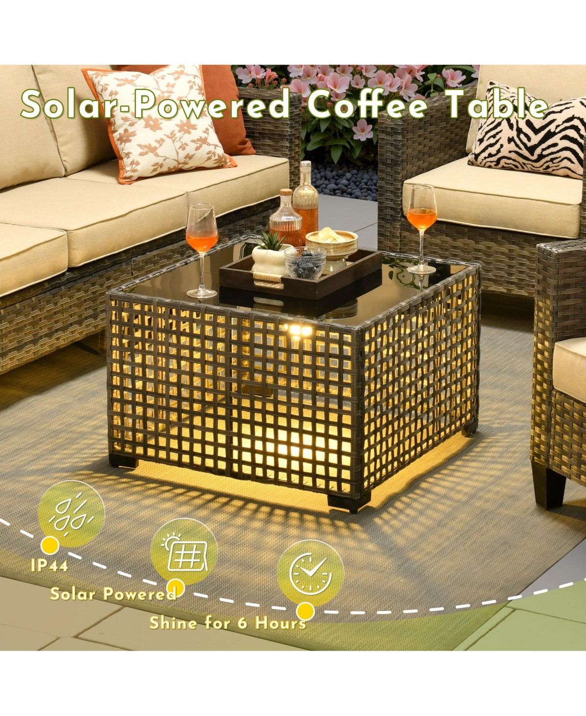 Xizzi 4 Pieces Outdoor Patio Furniture Set,Outside Conversation Set with All-Weather Wicker Sofa,Deep Seating Cushions and Solar Powered Coffee Table