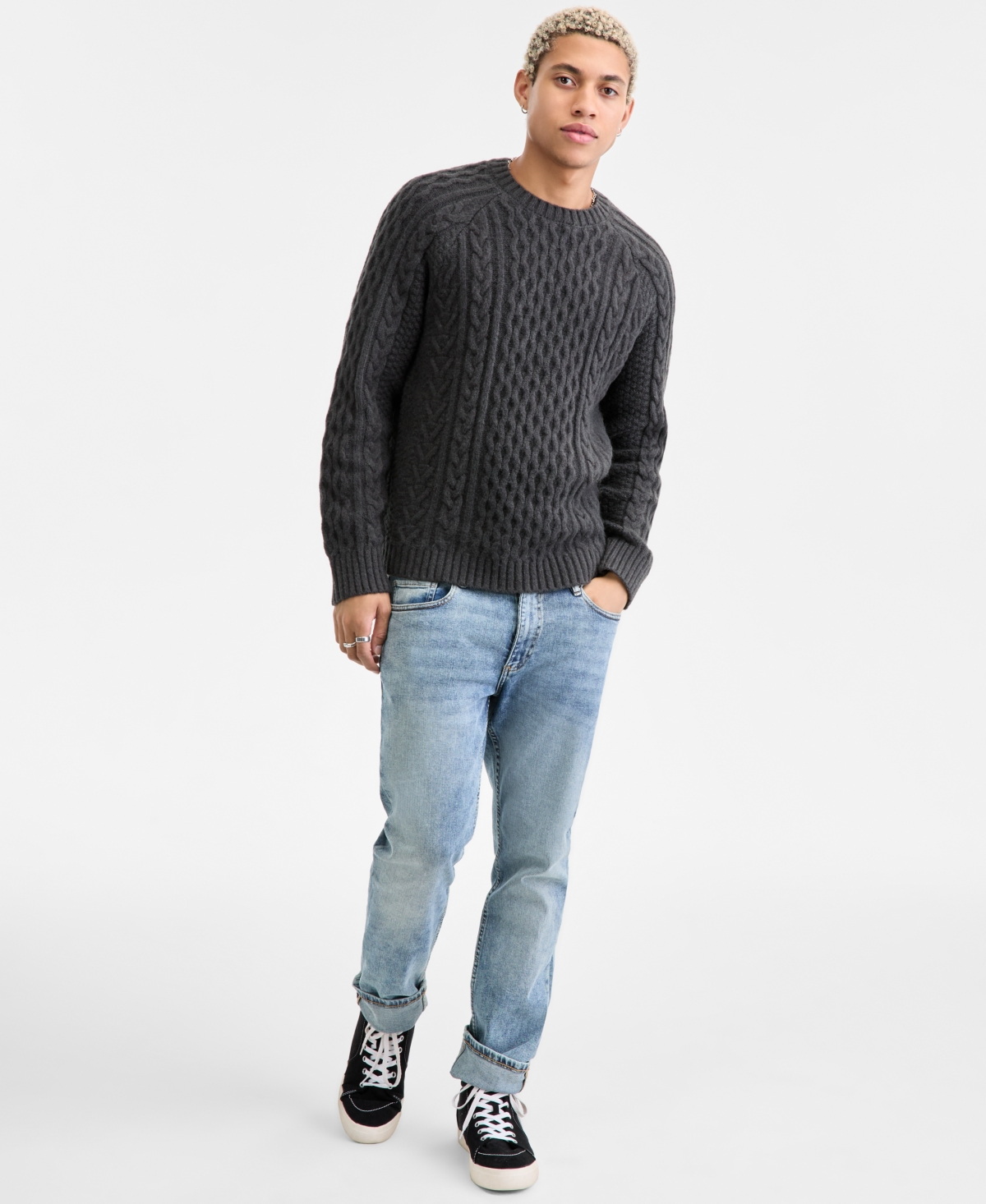 Sun + Stone Men's Long-sleeve Cozy Cable-knit Crewneck Sweater, Macy's Exclusive In Green