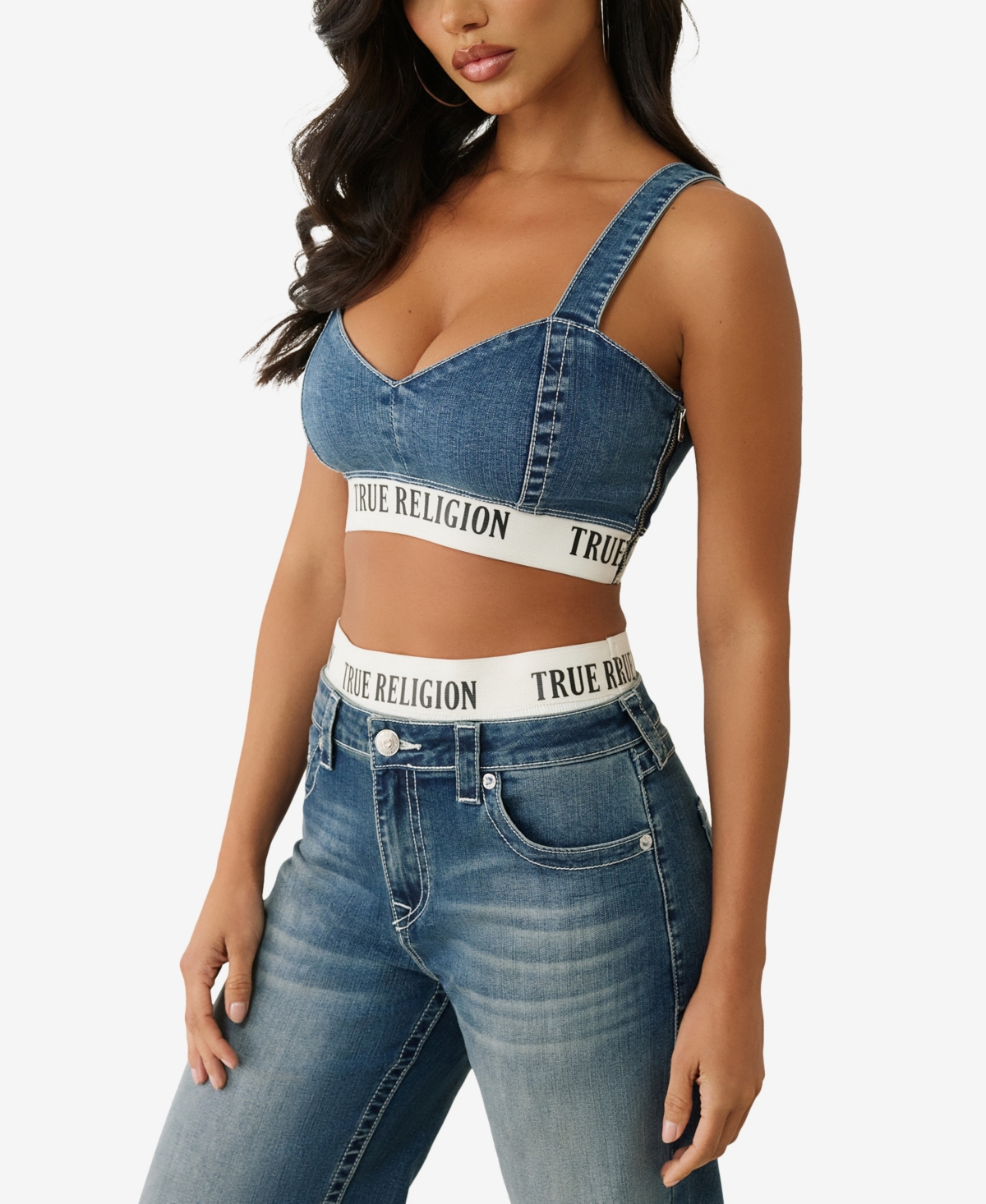 True Religion Women's Elastic Band Denim Bra Top In Blue