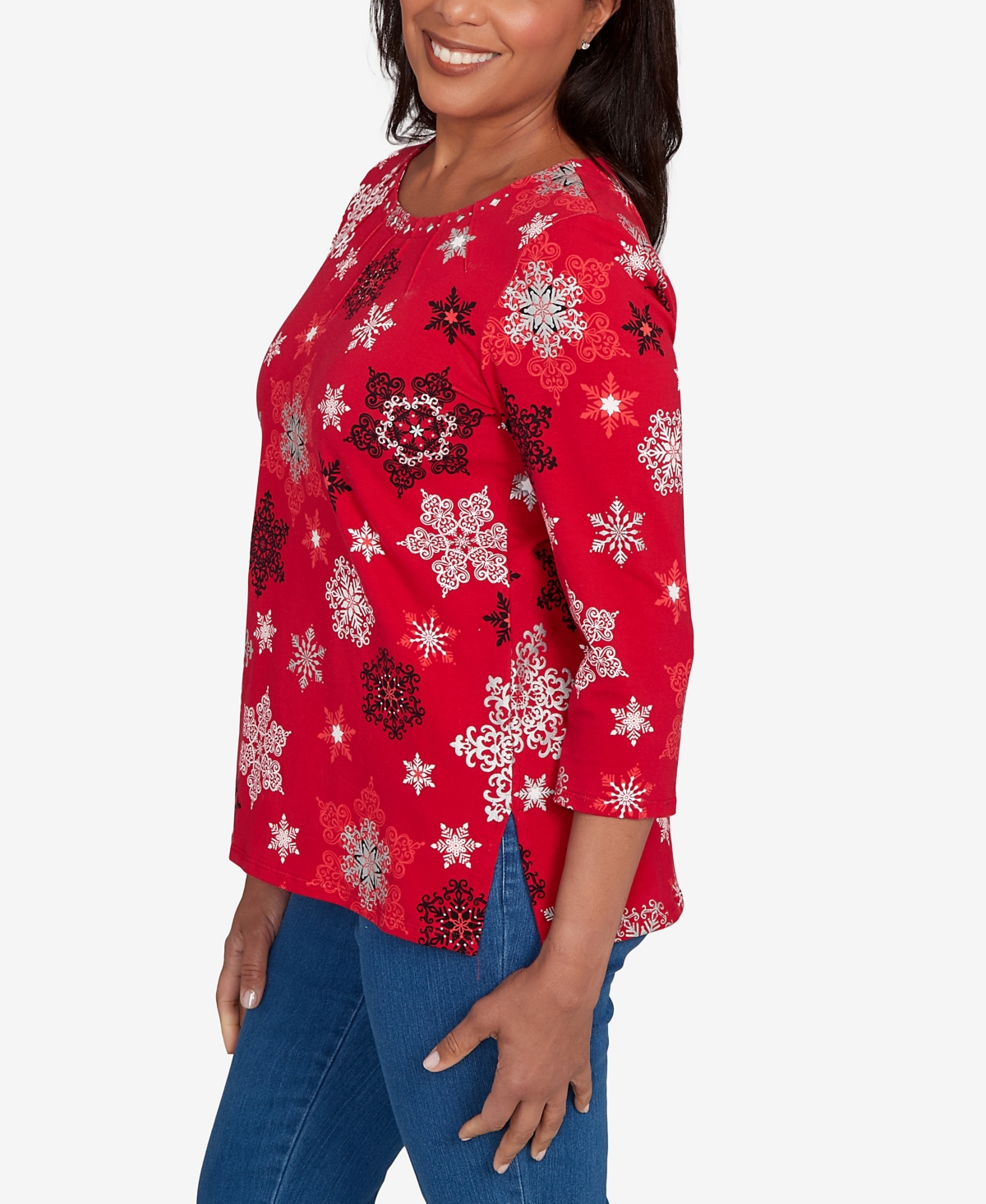 Alfred Dunner Petite Snowflake Embellished Top In Red