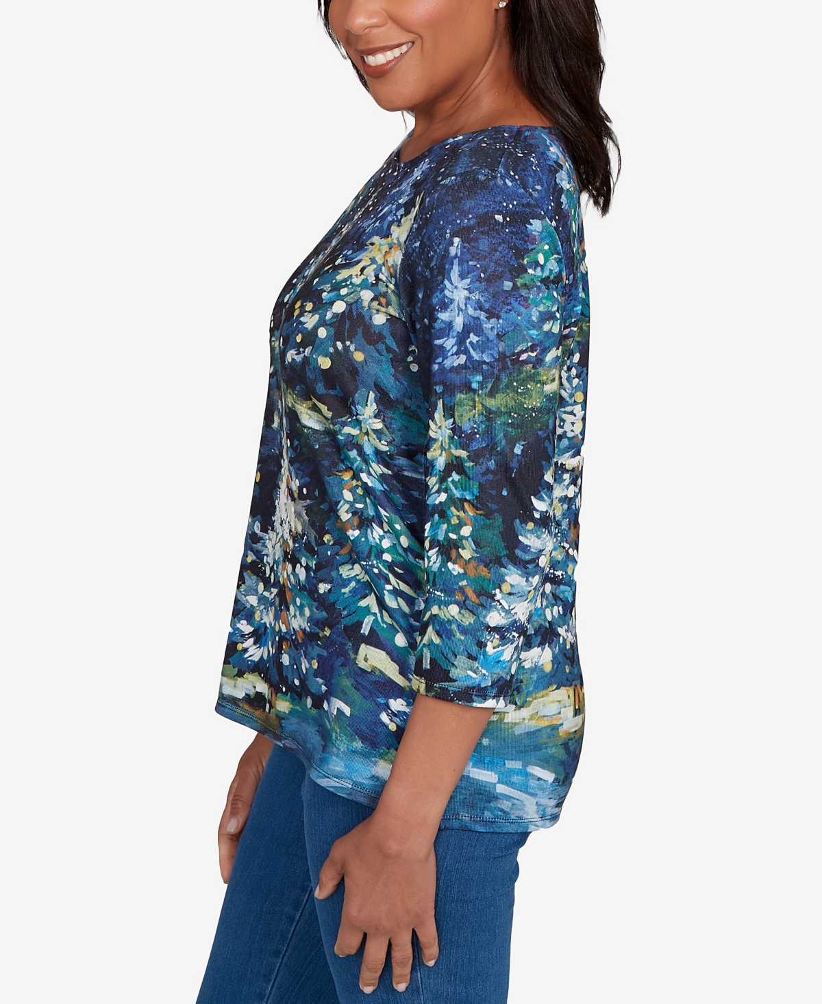 Alfred Dunner Petite Starry Night Tree Top In Blue