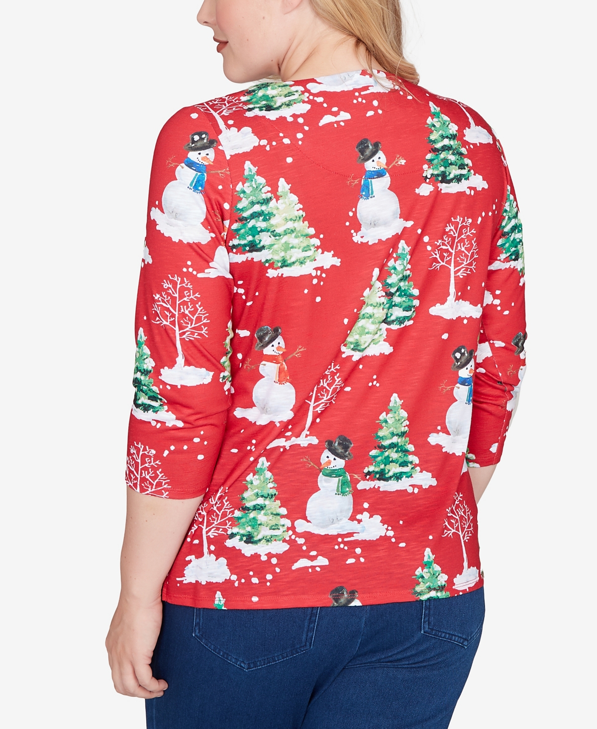 Alfred Dunner Petite Snowmen Print Top In Red