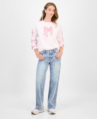 Juniors' Mid-Rise Bow-Print Baggy Jeans