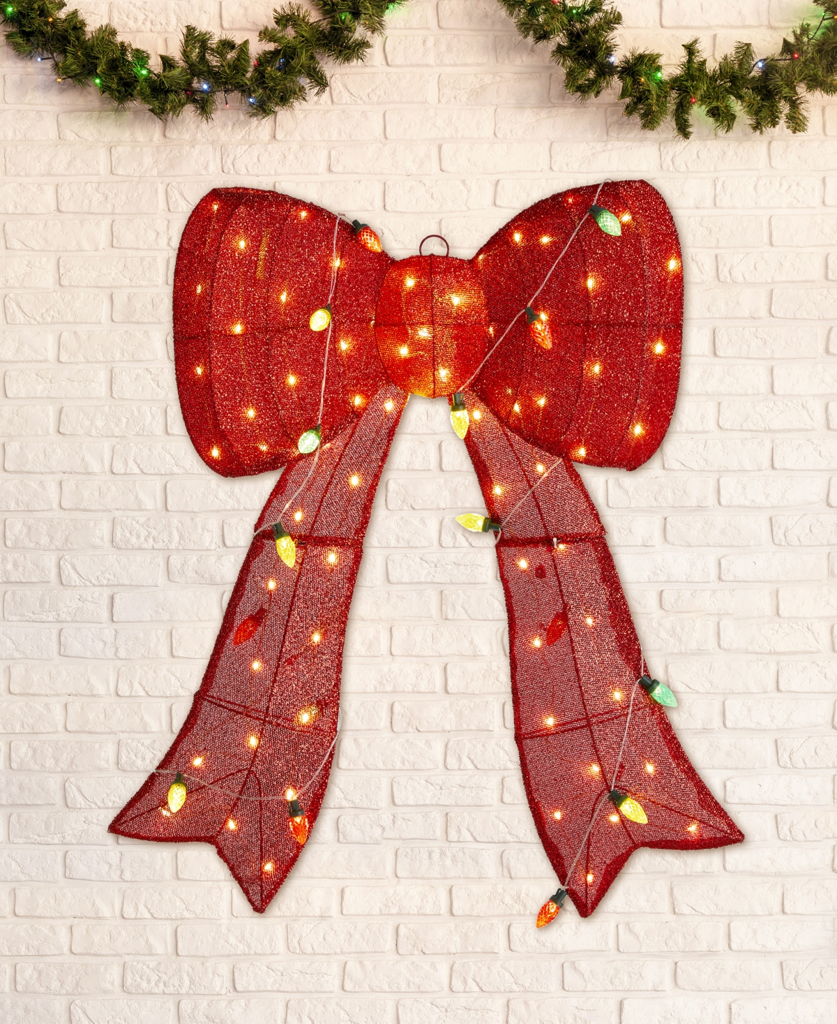 Glitzhome 35.75" Lighted Fabric 3d Christmas Bow In Multi