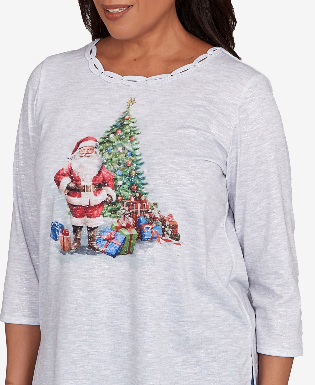Alfred Dunner Petite Santa And Tree Print Top In Gray