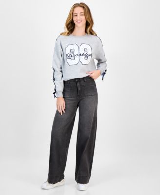 Juniors' High-Rise Patch-Pocket Wide-Leg Jeans 