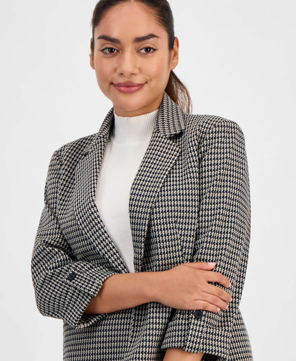 Ak Anne Klein Petite Houndstooth-print Roll-tab Blazer In Gray
