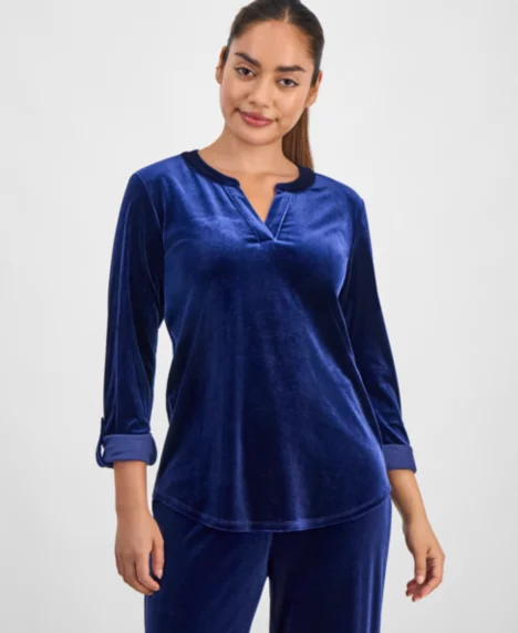 AK Anne Klein Petite Velour Split-Neck Top - Admiral Blue