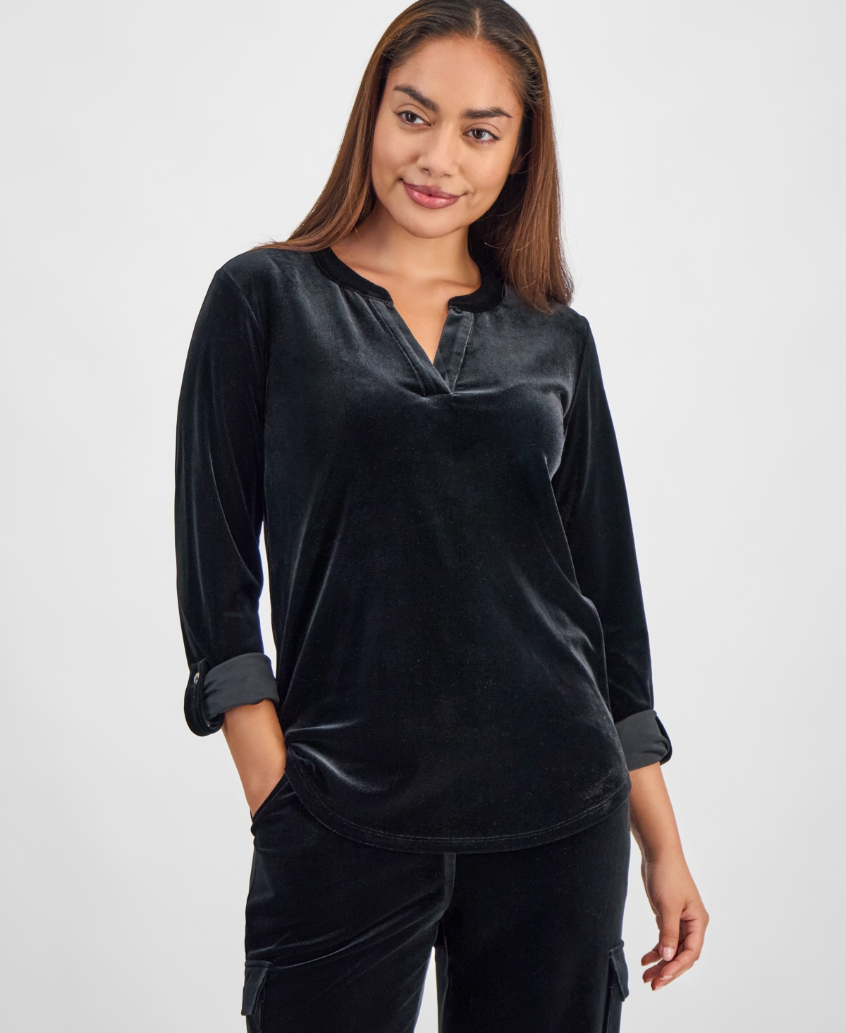 Ak Anne Klein Petite Velour Split-neck Top In Black