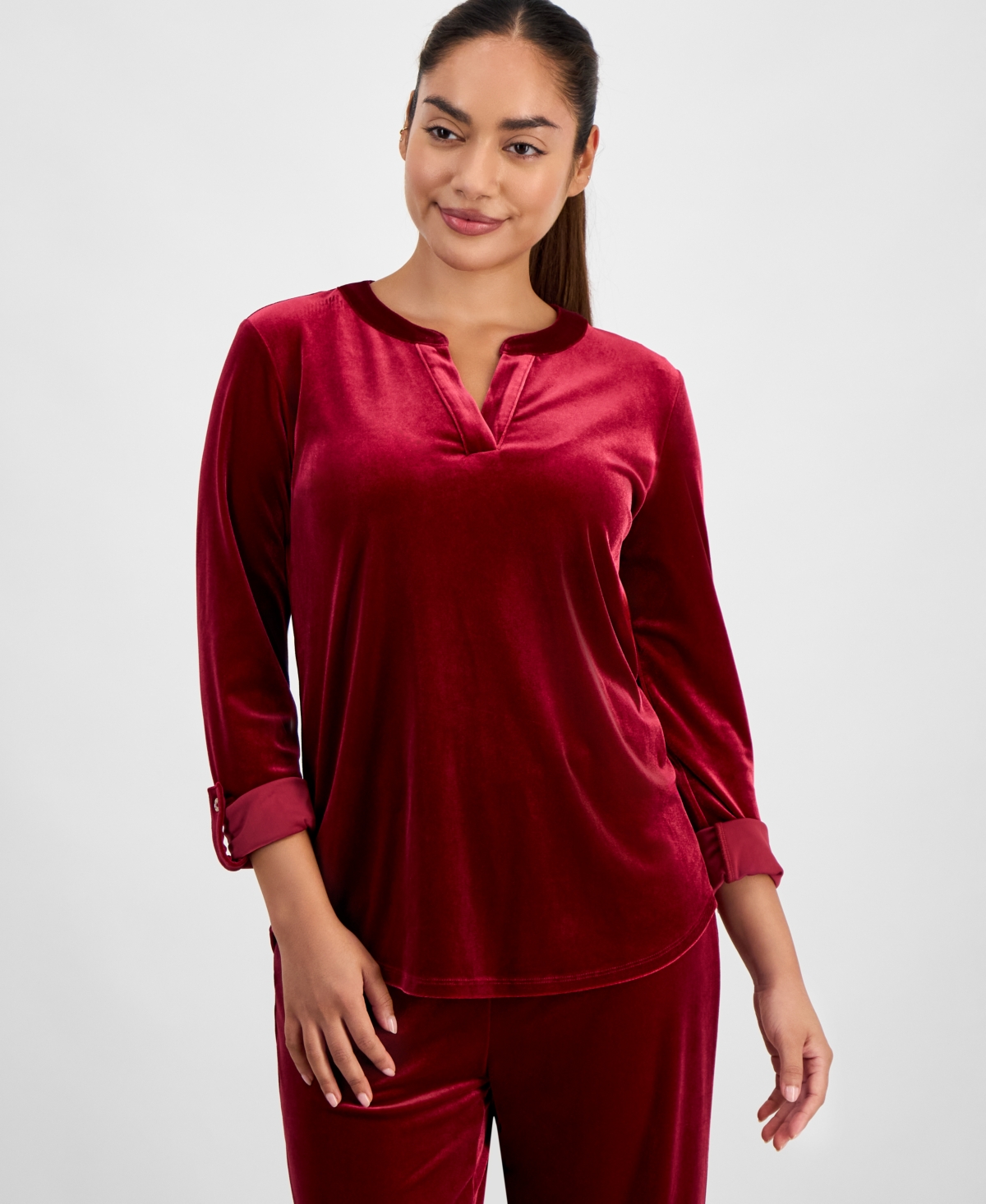 Ak Anne Klein Petite Velour Split-neck Top In Red
